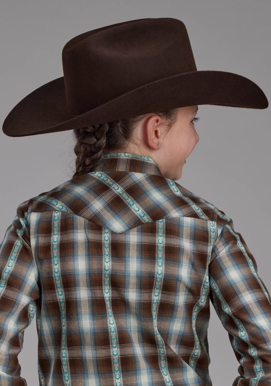 GIRLS HORSESHOE DOBBY LONG SLEEVE SNAP WESTERN SHIRT