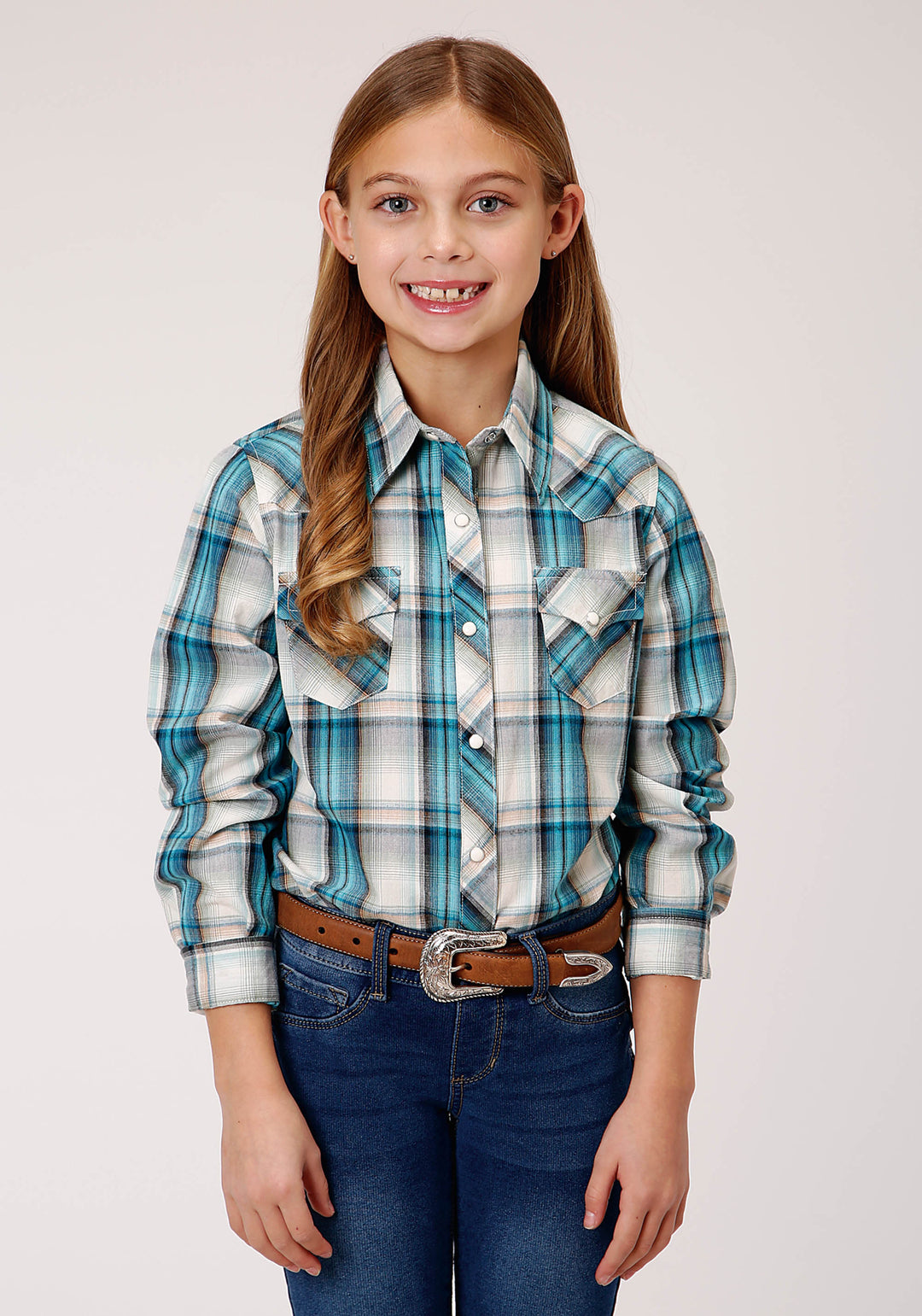 GIRLS LONG SLEEVE SNAP VINTAGE TURQUOISE PLAID WESTERN SHIRT