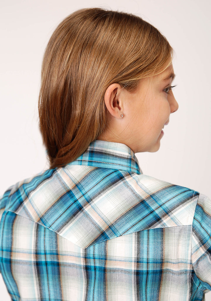 GIRLS LONG SLEEVE SNAP VINTAGE TURQUOISE PLAID WESTERN SHIRT
