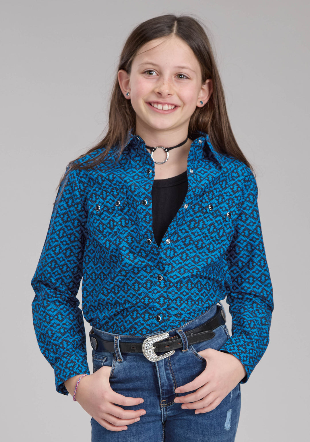 GIRLS AZTEC TILE LONG SLEEVE SNAP WESTERN SHIRT