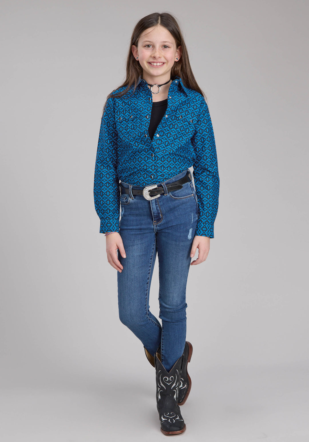 GIRLS AZTEC TILE LONG SLEEVE SNAP WESTERN SHIRT