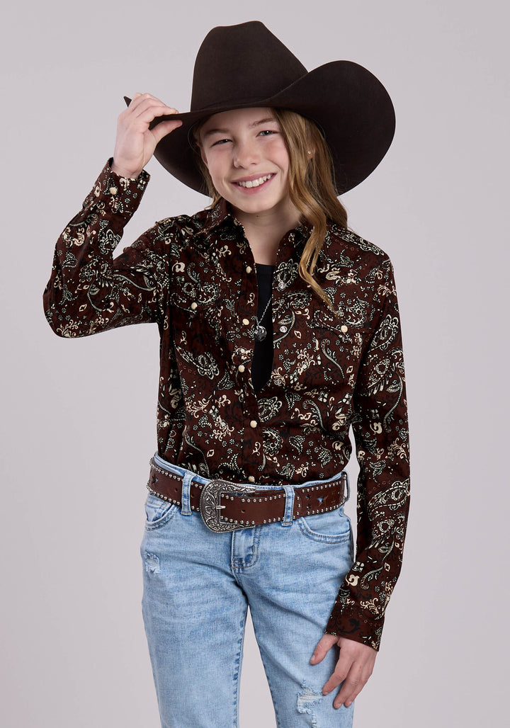 GIRLS LONG SLEEVE SNAP BRILLIANT PAISLEY PRINT WESTERN SHIRT