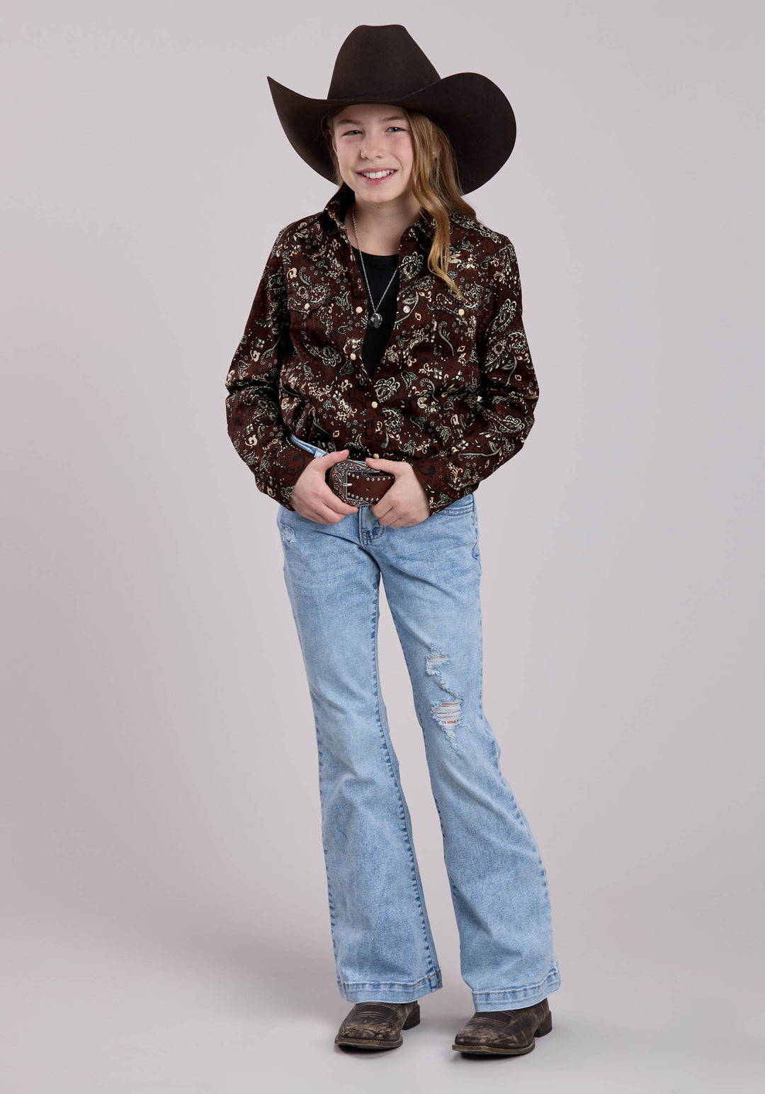 GIRLS LONG SLEEVE SNAP BRILLIANT PAISLEY PRINT WESTERN SHIRT