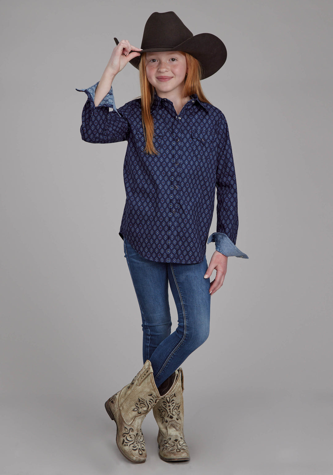 GIRLS AZTECS PRINT LONG SLEEVE SNAP WESTERN SHIRT