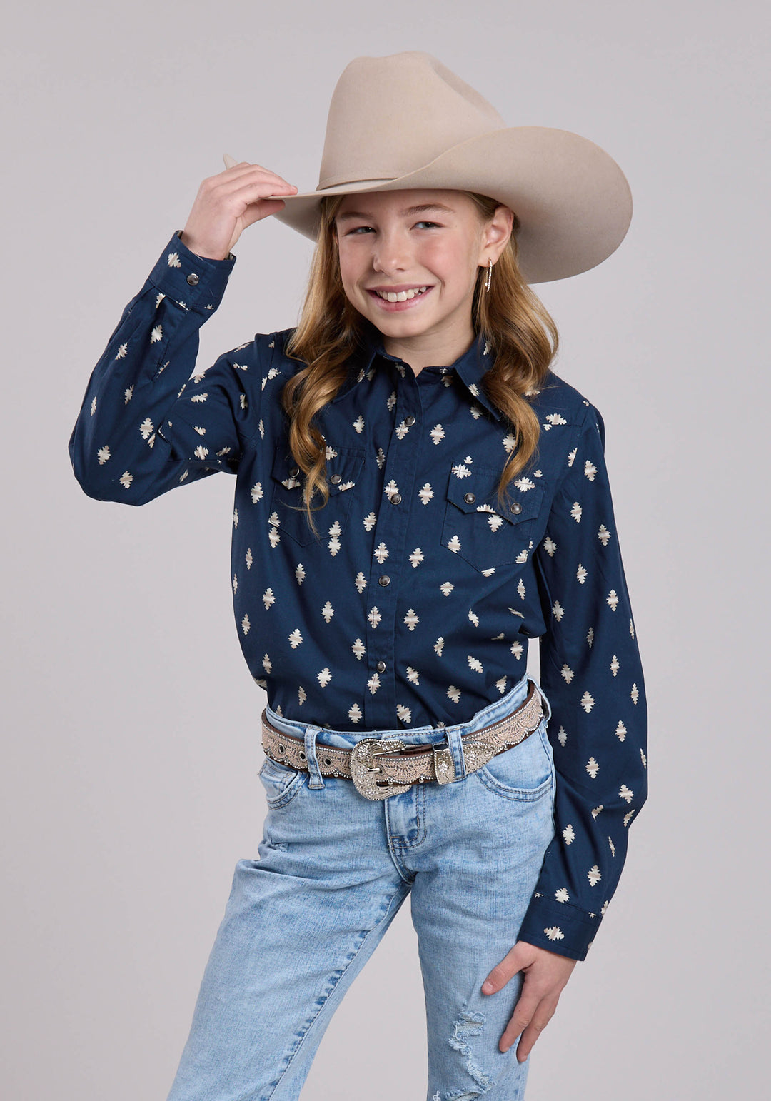 GIRLS LONG SLEEVE SNAP OMBRE AZTECS WESTERN SHIRT