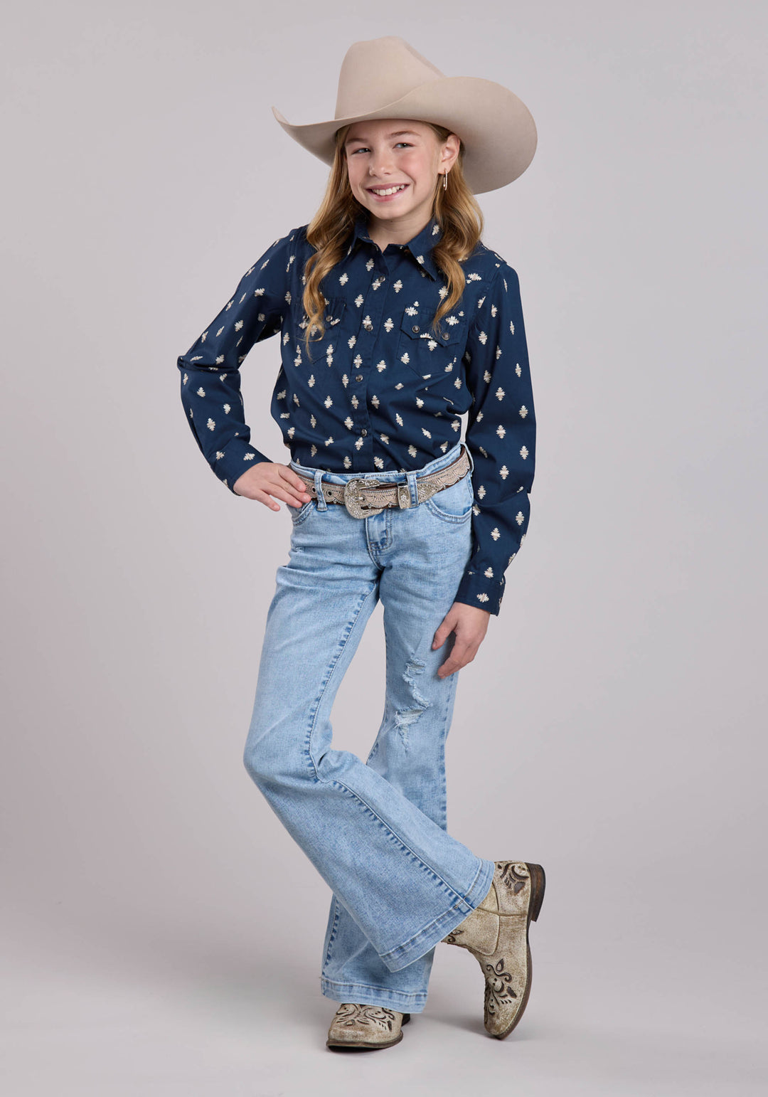 GIRLS LONG SLEEVE SNAP OMBRE AZTECS WESTERN SHIRT