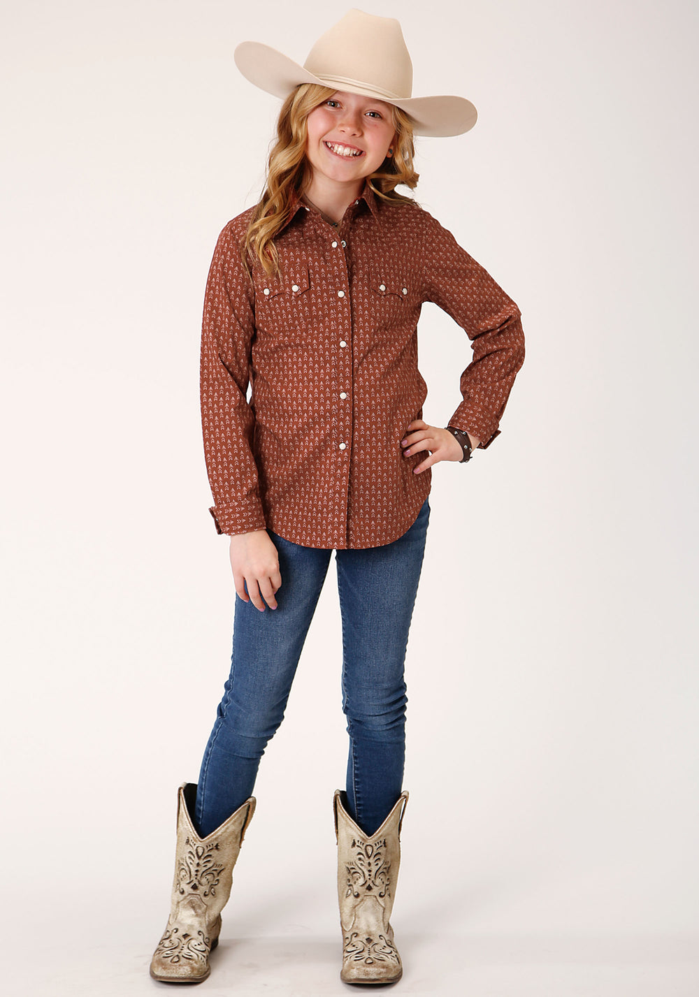 GIRLS LONG SLEEVE SNAP ARROW GEO WESTERN SHIRT