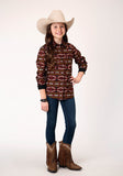 GIRLS LONG SLEEVE SNAP RED AZTEC HORIZONTAL STRIPE WESTERN SHIRT