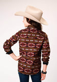 GIRLS LONG SLEEVE SNAP RED AZTEC HORIZONTAL STRIPE WESTERN SHIRT