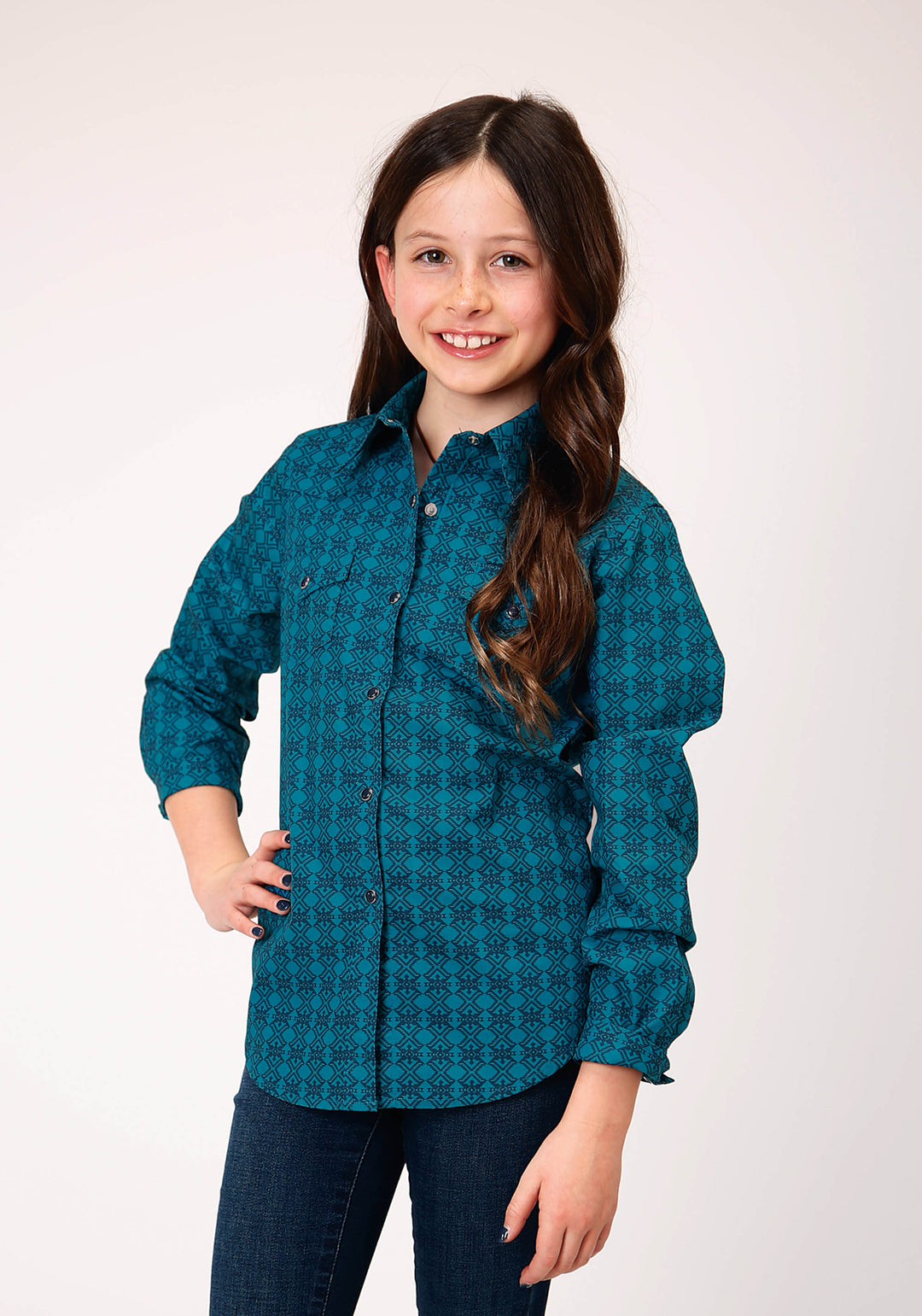 GIRLS LONG SLEEVE SNAP TILES PRINT WESTERN SHIRT