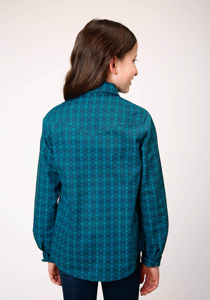 GIRLS LONG SLEEVE SNAP TILES PRINT WESTERN SHIRT