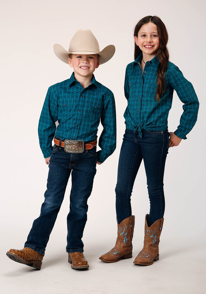 GIRLS LONG SLEEVE SNAP TILES PRINT WESTERN SHIRT