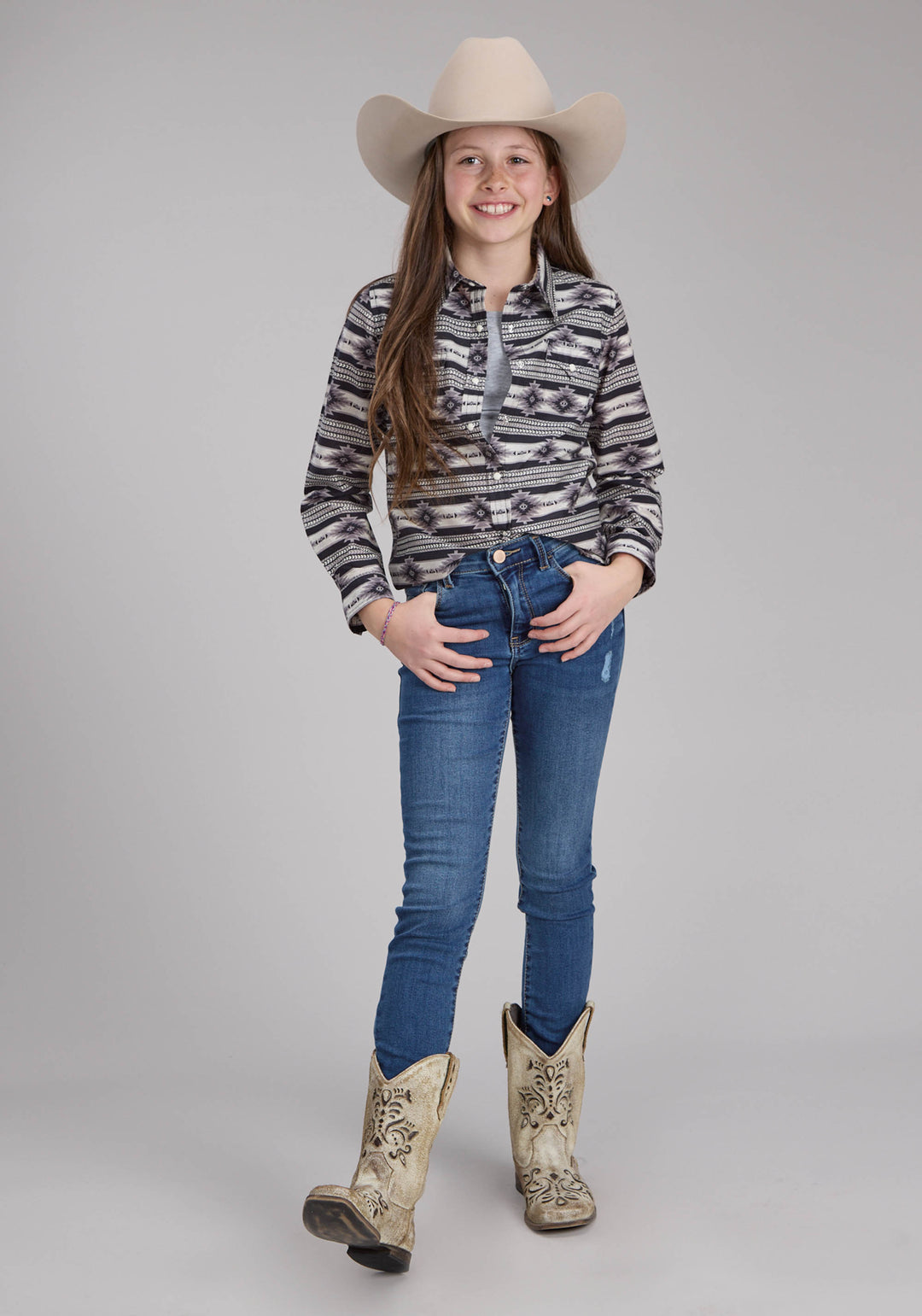 GIRLS SANTA FE AZTEC LONG SLEEVE SNAP WESTERN SHIRT