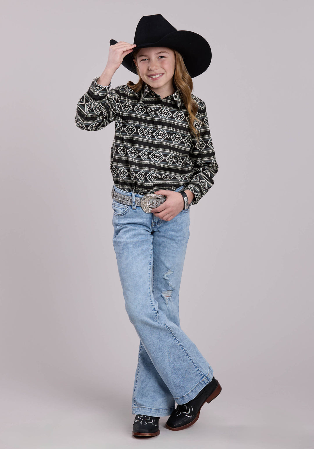 GIRLS LONG SLEEVE SNAP AZTEC STRIPE WESTERN SHIRT