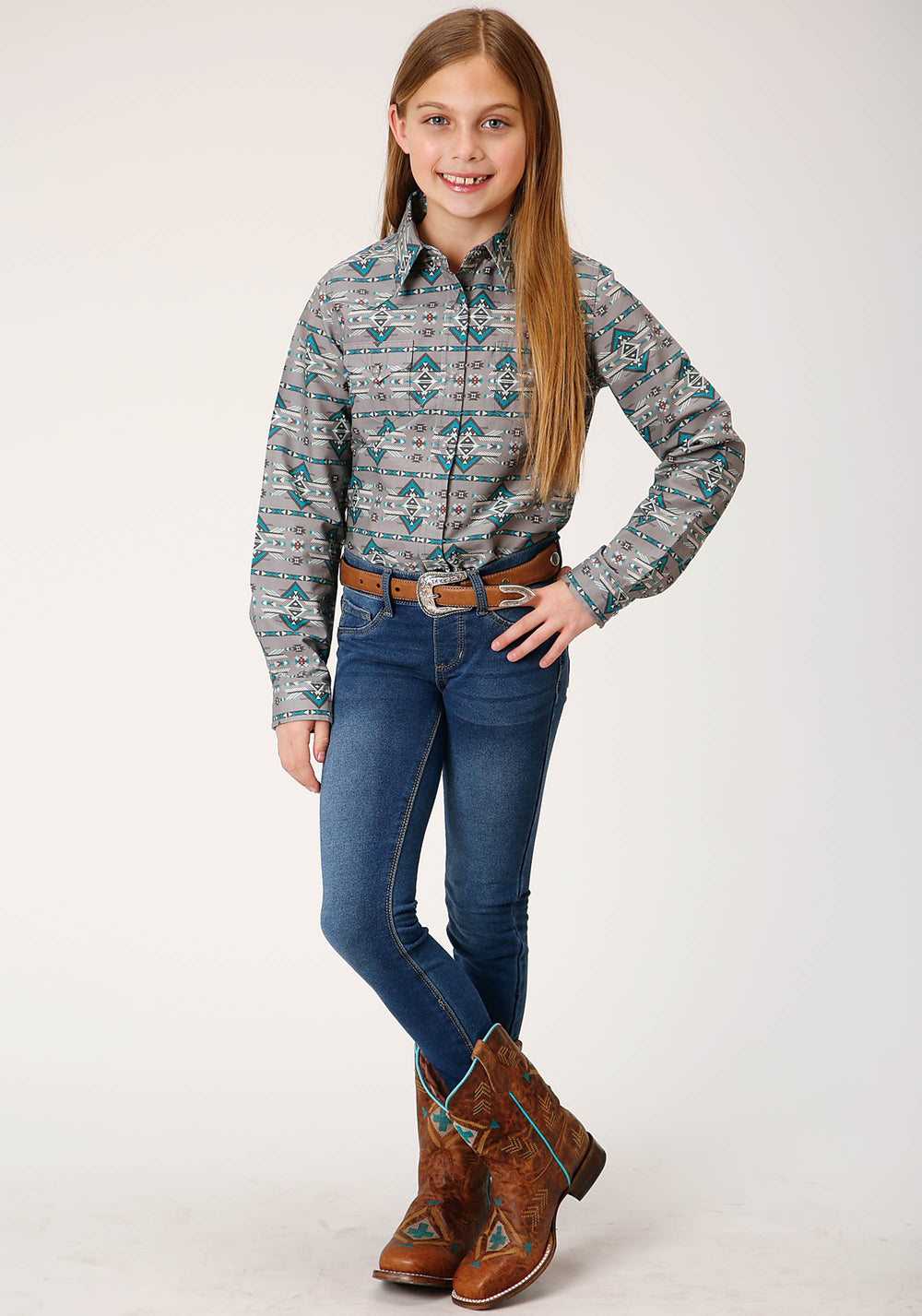 GIRLS LONG SLEEVE SNAP GEOMETRIC AZTEC WESTERN SHIRT