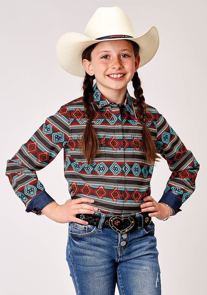GIRLS LONG SLEEVE SNAP AZTEC STRIPE PRINT WESTERN SHIRT