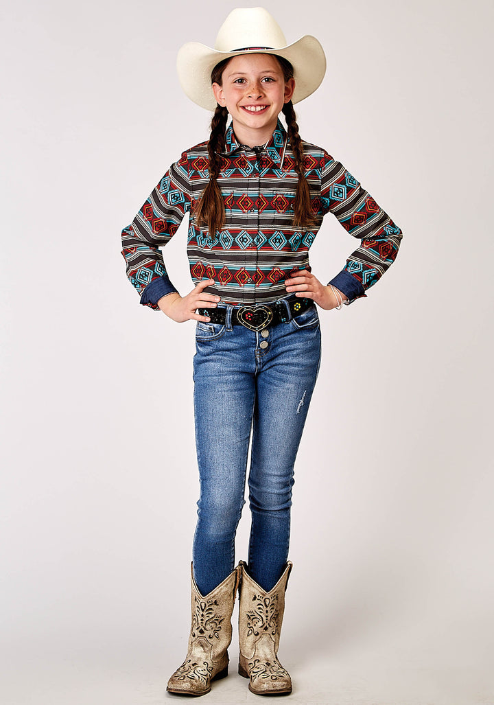 GIRLS LONG SLEEVE SNAP AZTEC STRIPE PRINT WESTERN SHIRT