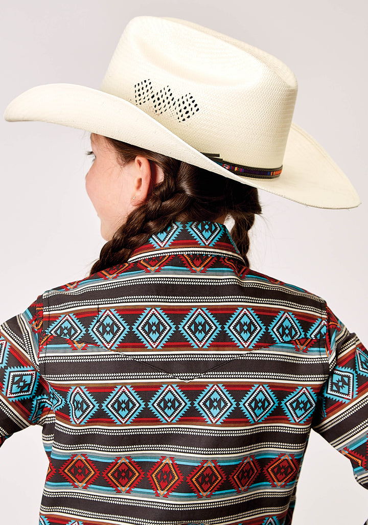 GIRLS LONG SLEEVE SNAP AZTEC STRIPE PRINT WESTERN SHIRT