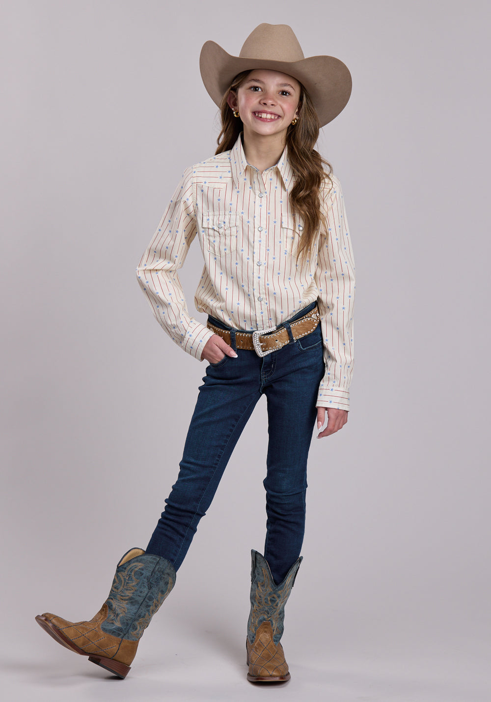 GIRLS ROPER STARS AND STRIPES PRINT LONG SLEEVE SHIRT