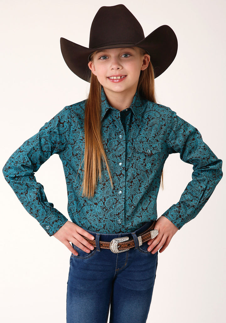 GIRLS LONG SLEEVE SNAP BLUE AGAVE PAISLEY WESTERN SHIRT