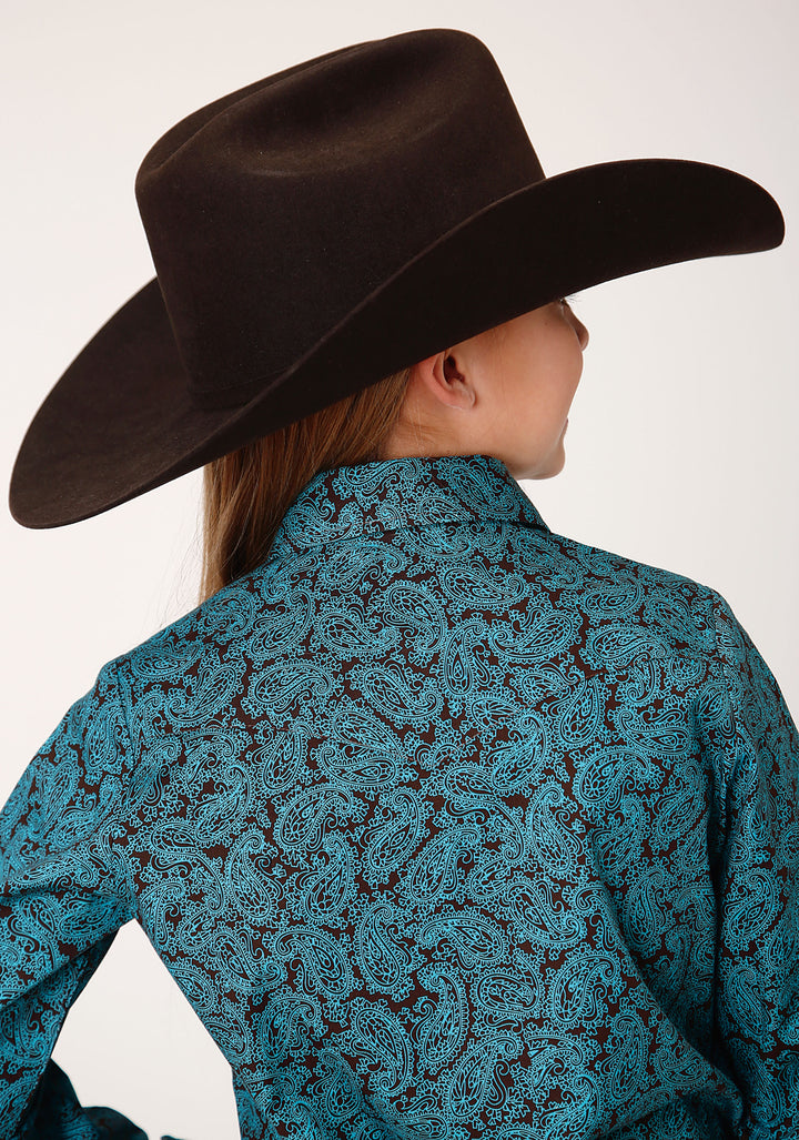 GIRLS LONG SLEEVE SNAP BLUE AGAVE PAISLEY WESTERN SHIRT