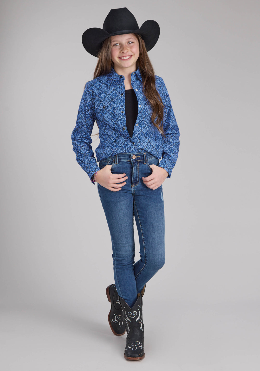 GIRLS SAPHIRE ORNAMENTAL LONG SLEEVE SNAP WESTERN SHIRT