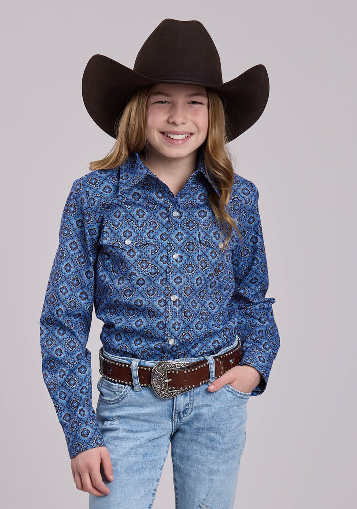 GIRLS LONG SLEEVE SNAP VINTAGE BLUE MEDALLION PAISLEY WESTERN SHIRT