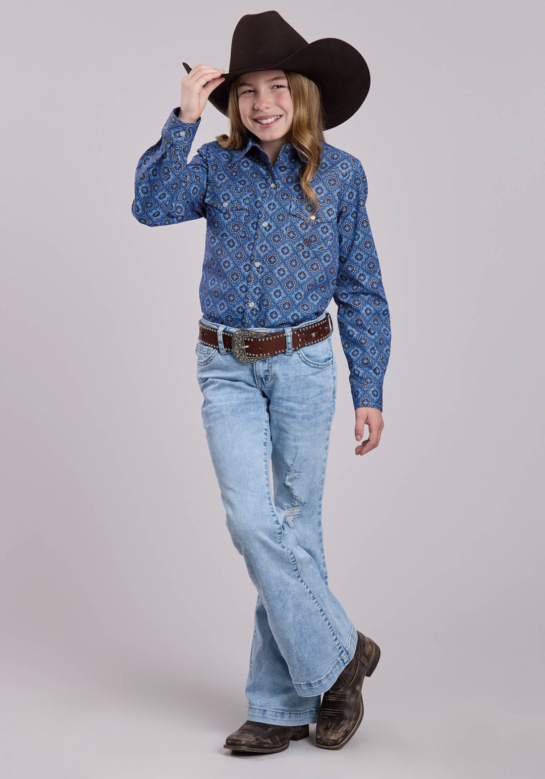 GIRLS LONG SLEEVE SNAP VINTAGE BLUE MEDALLION PAISLEY WESTERN SHIRT