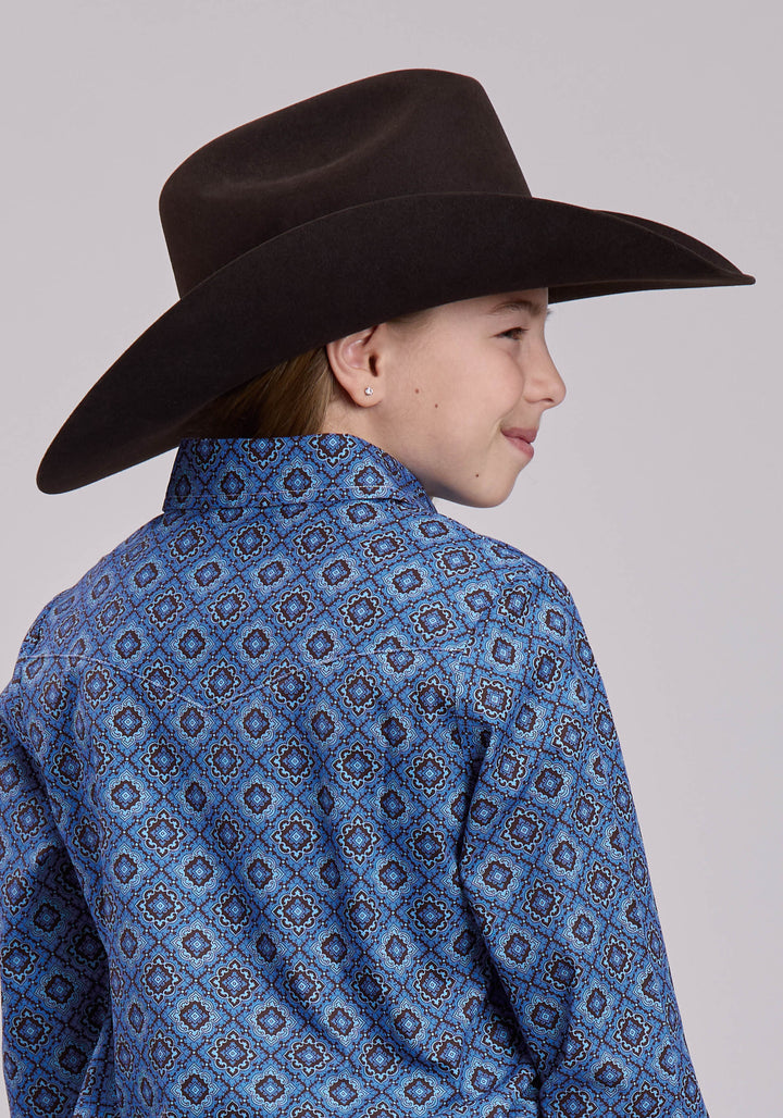 GIRLS LONG SLEEVE SNAP VINTAGE BLUE MEDALLION PAISLEY WESTERN SHIRT