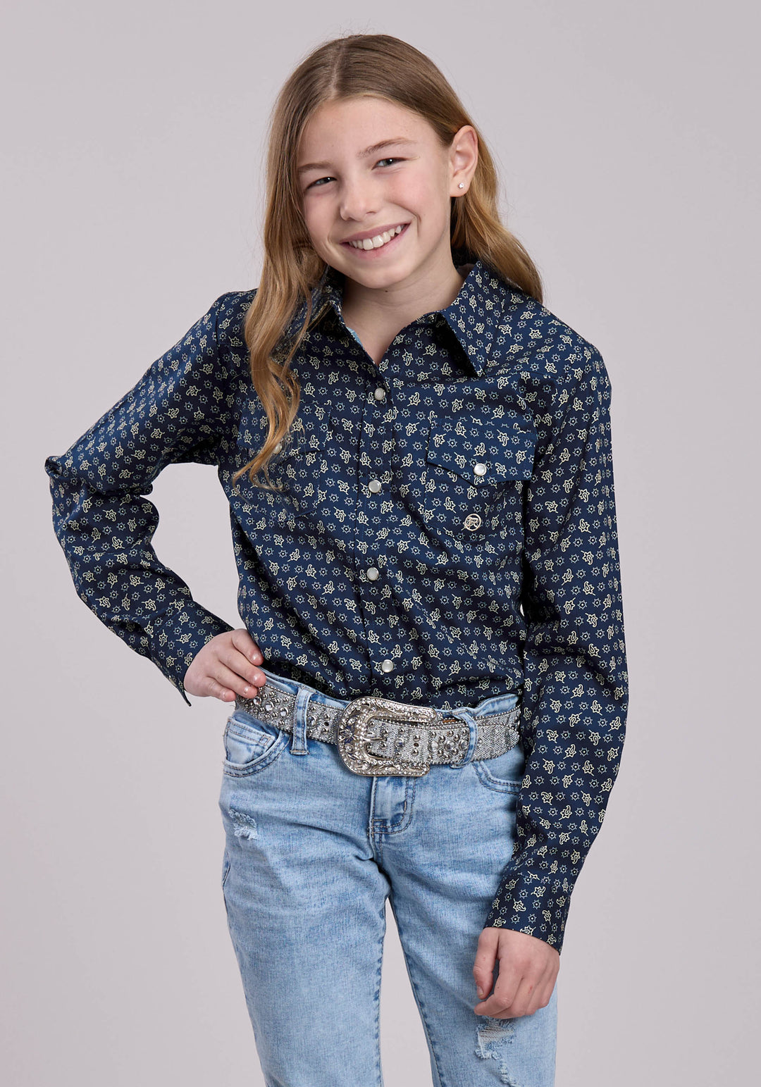 GIRLS LONG SLEEVE SNAP STRETCH POPLIN PAISLEY - NAVY WESTERN SHIRT