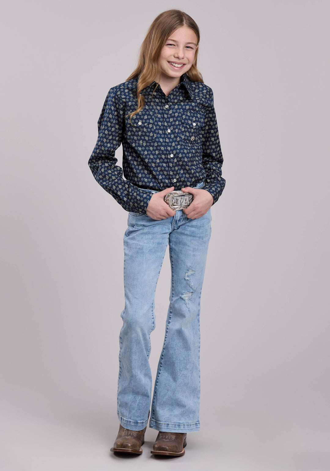 GIRLS LONG SLEEVE SNAP STRETCH POPLIN PAISLEY - NAVY WESTERN SHIRT