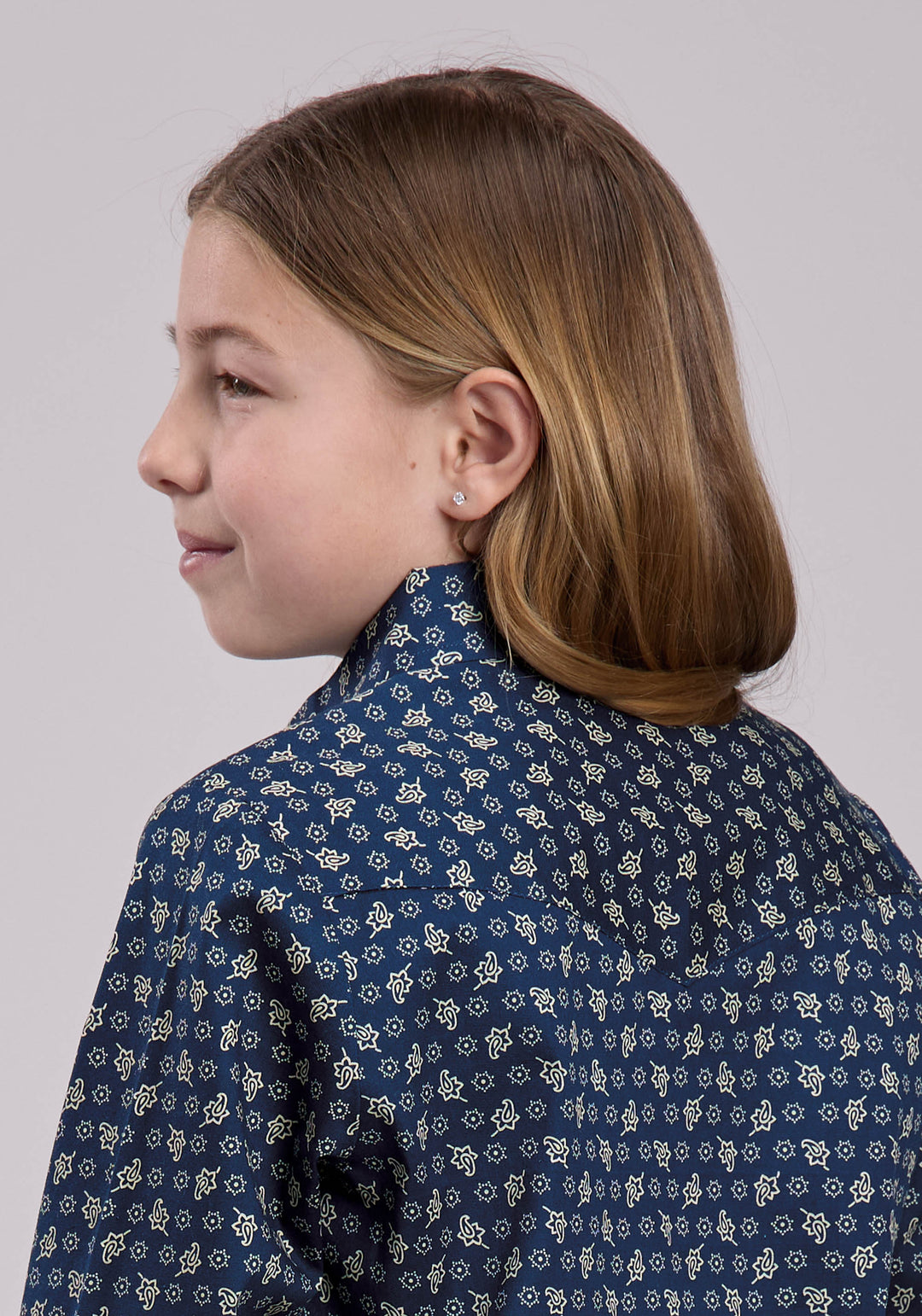 GIRLS LONG SLEEVE SNAP STRETCH POPLIN PAISLEY - NAVY WESTERN SHIRT