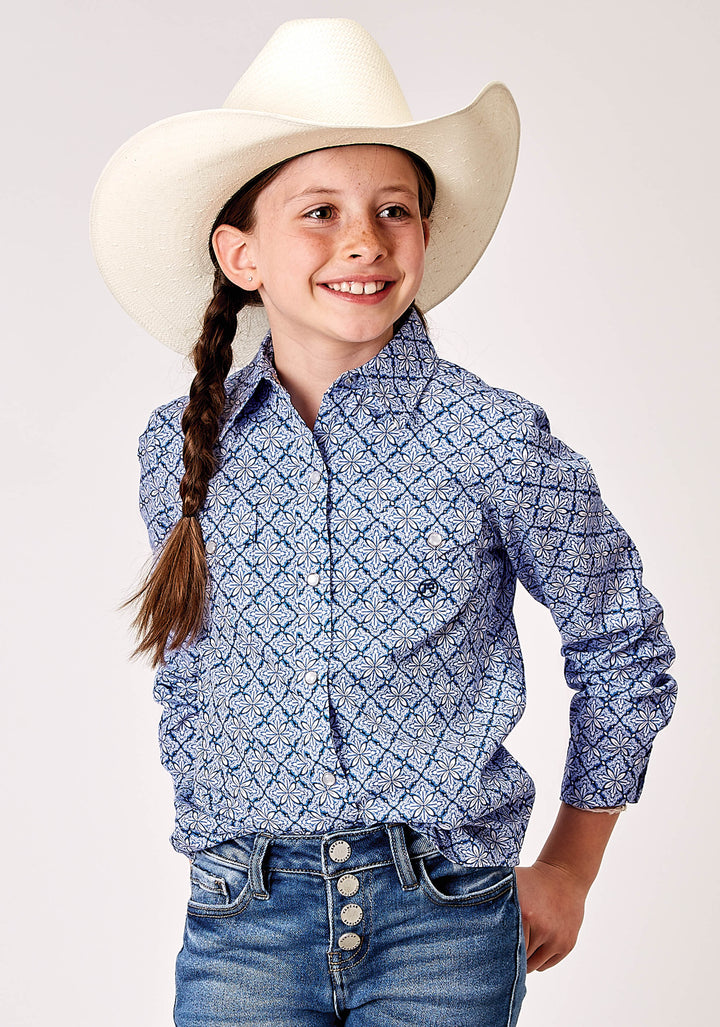 GIRLS LONG SLEEVE SNAP BLUE SKIES TIE PRINT WESTERN SHIRT