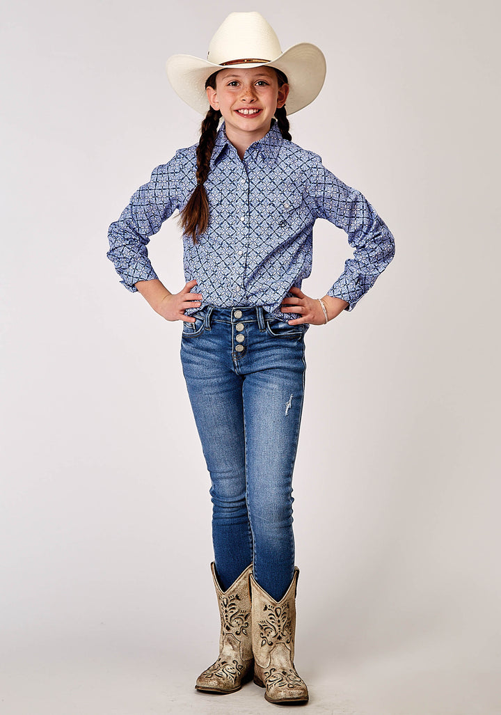 GIRLS LONG SLEEVE SNAP BLUE SKIES TIE PRINT WESTERN SHIRT