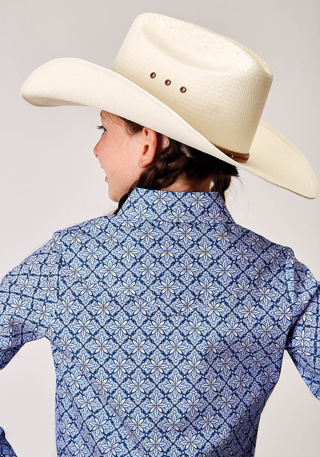 GIRLS LONG SLEEVE SNAP BLUE SKIES TIE PRINT WESTERN SHIRT