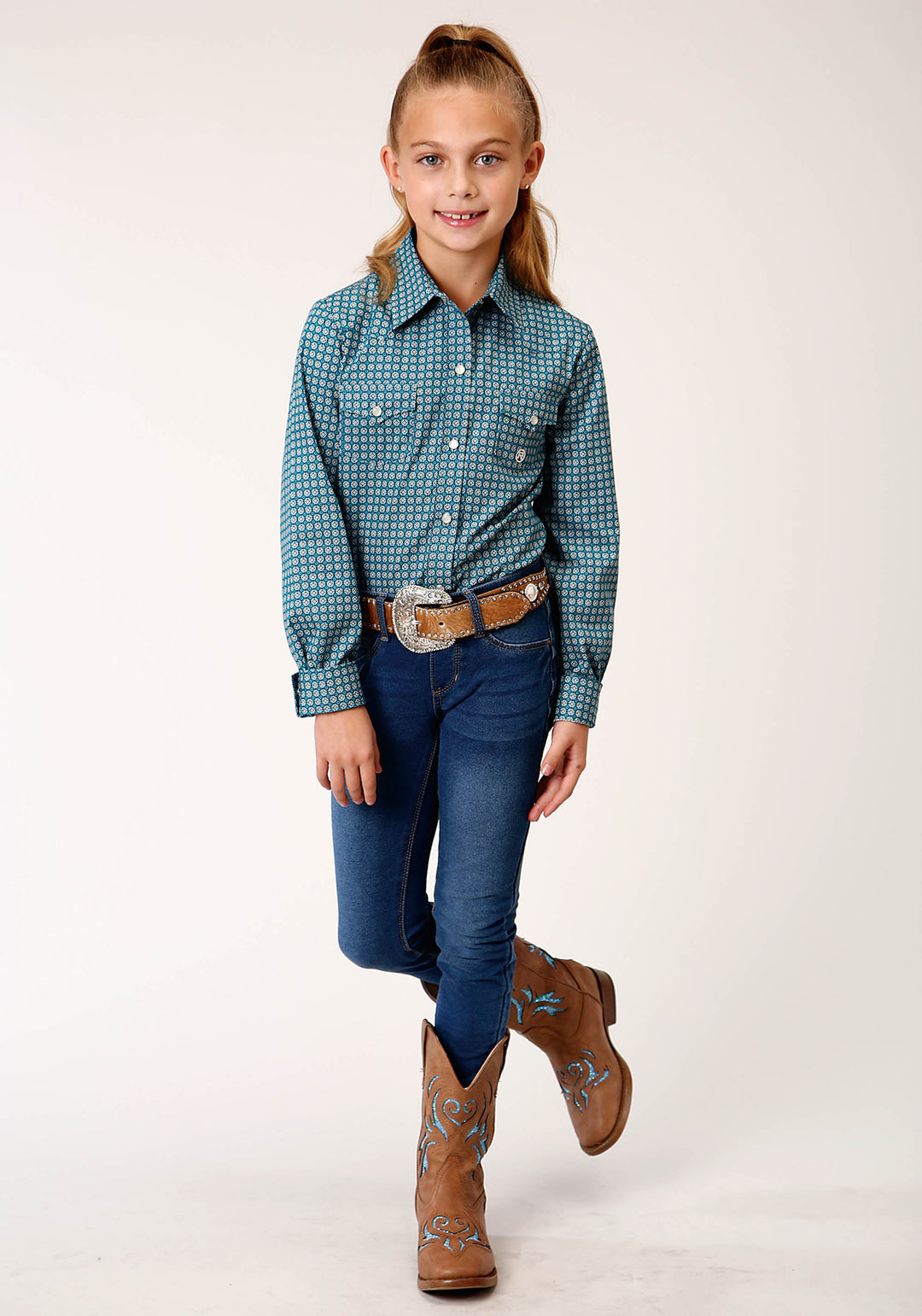 GIRLS LONG SLEEVE SNAP AZURE NEAT WESTERN SHIRT