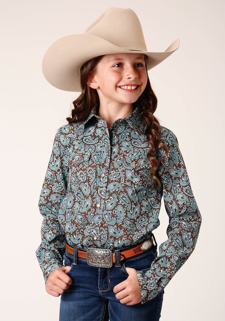 GIRLS LONG SLEEVE SNAP TURQUOISE MINE PAISLEY WESTERN SHIRT