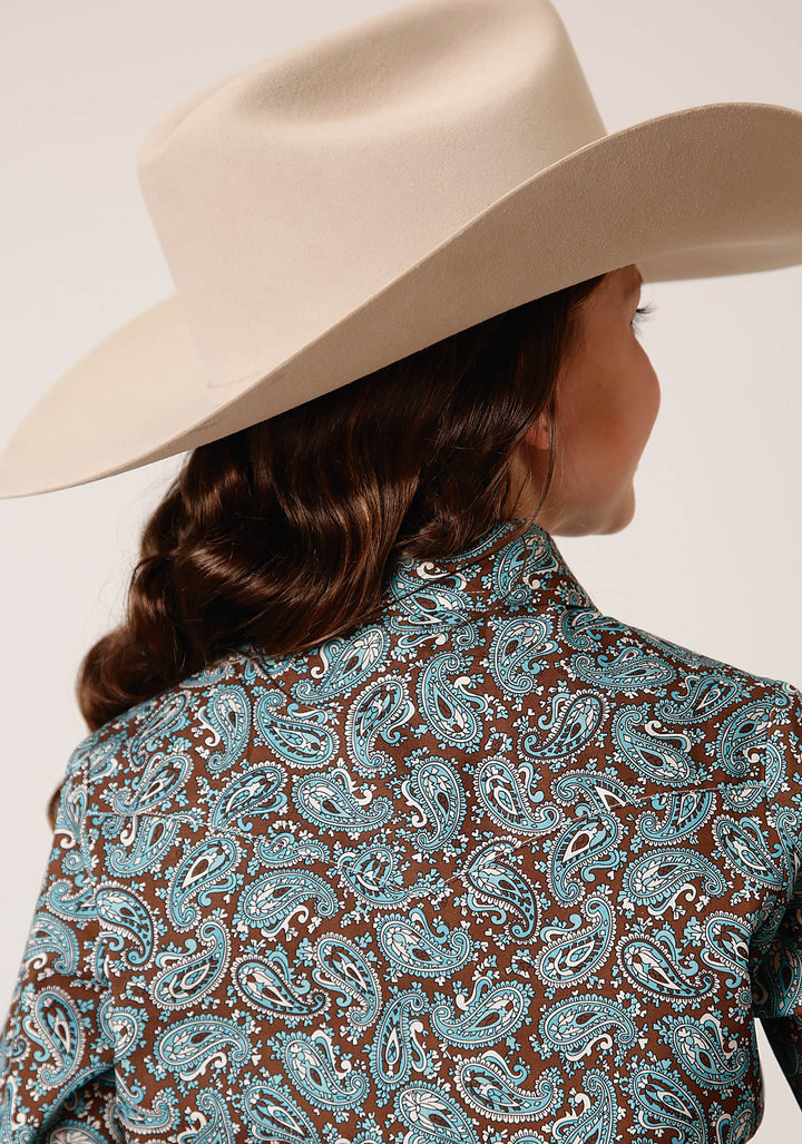 GIRLS LONG SLEEVE SNAP TURQUOISE MINE PAISLEY WESTERN SHIRT