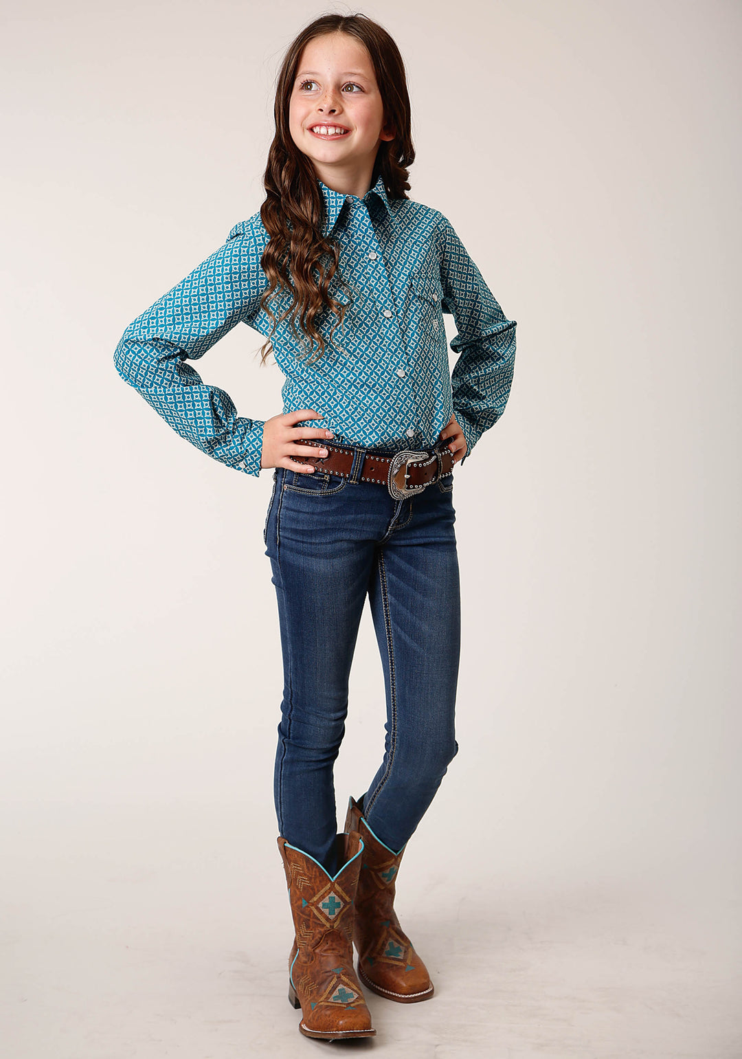 GIRLS LONG SLEEVE SNAP DIAMOND PRINT  TURQUOISE WESTERN SHIRT