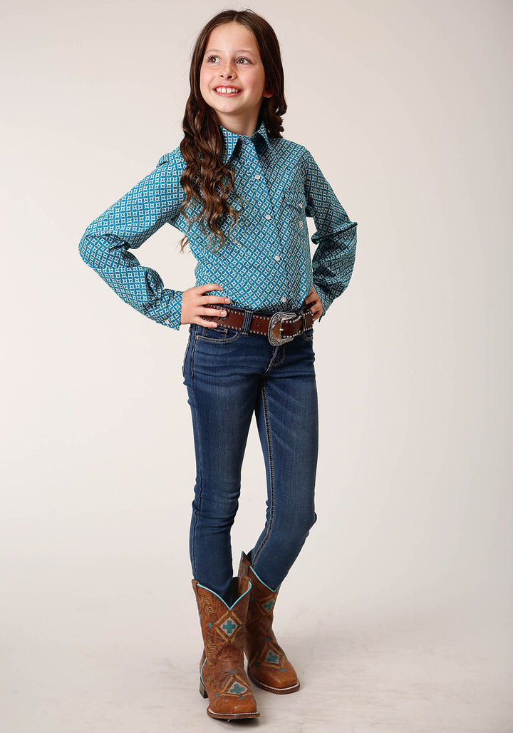 GIRLS LONG SLEEVE SNAP DIAMOND PRINT  TURQUOISE WESTERN SHIRT