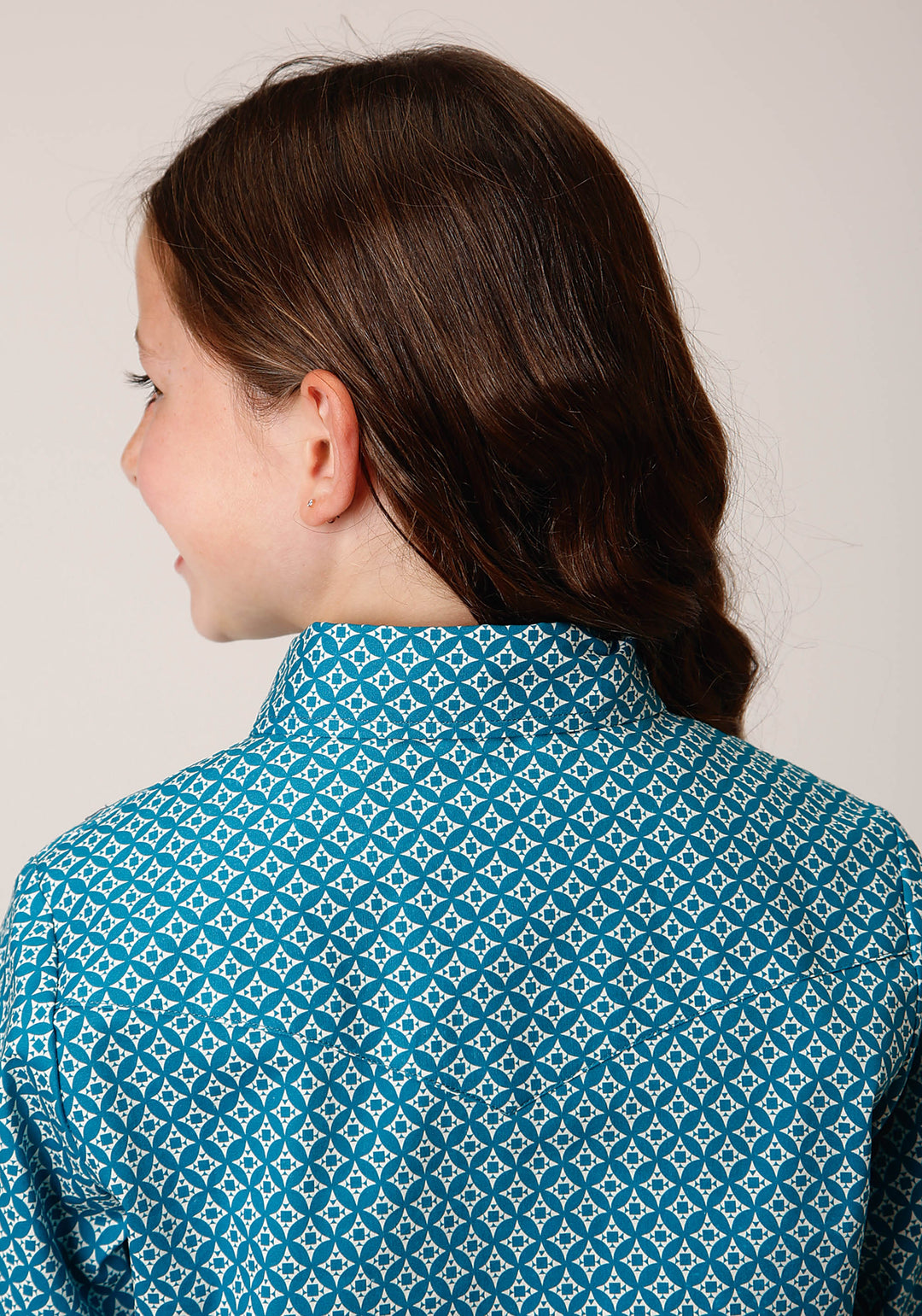 GIRLS LONG SLEEVE SNAP DIAMOND PRINT  TURQUOISE WESTERN SHIRT