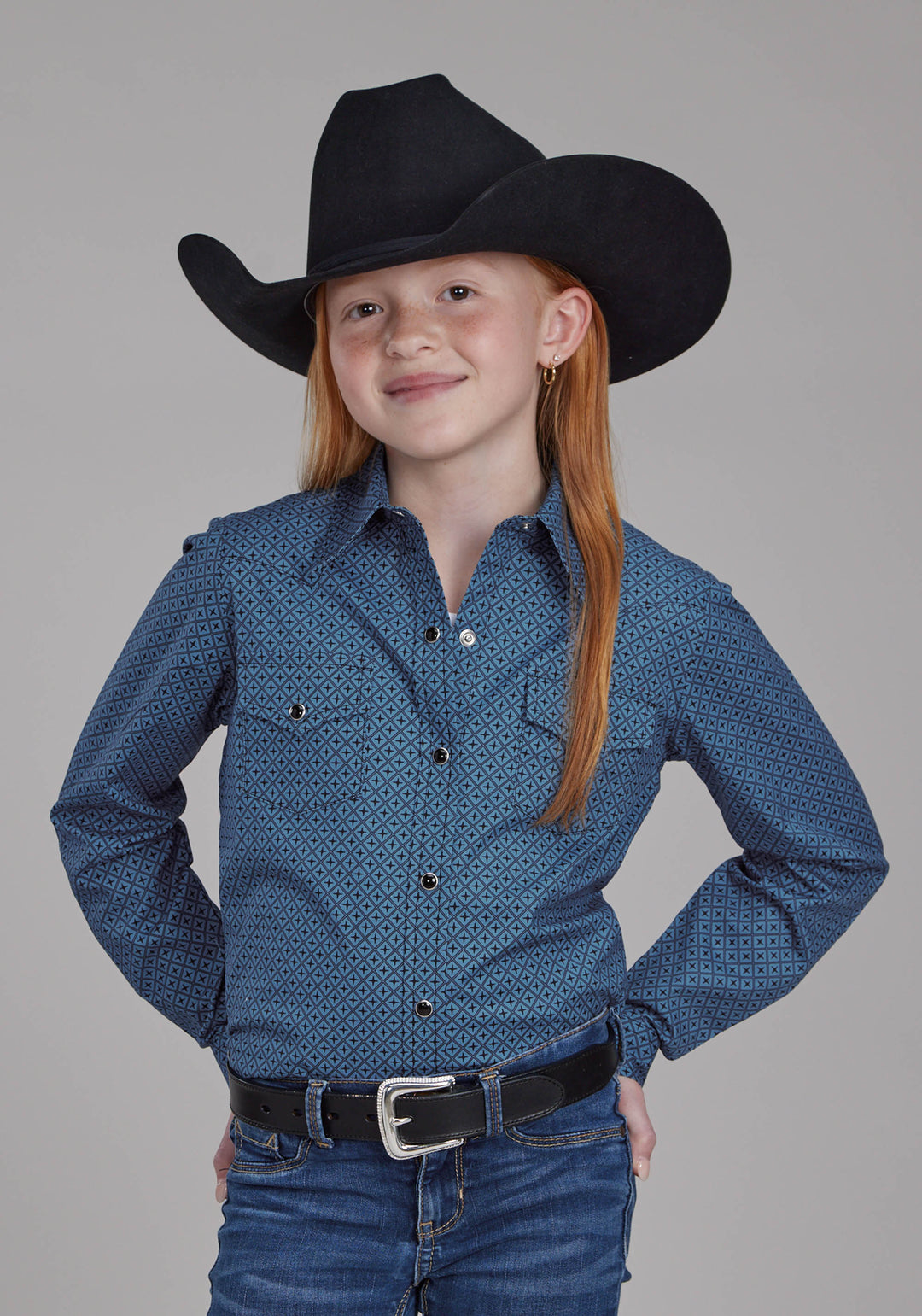 GIRLS STRETCH POPLIN - BLUE DIAMOND PRINT LONG SLEEVE SNAP WESTERN SHIRT