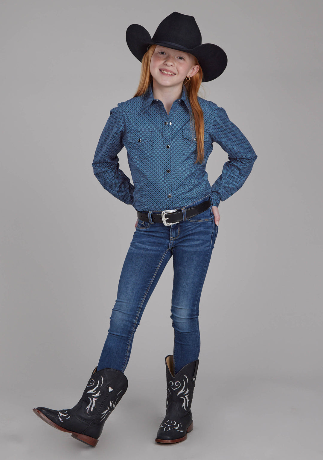 GIRLS STRETCH POPLIN - BLUE DIAMOND PRINT LONG SLEEVE SNAP WESTERN SHIRT
