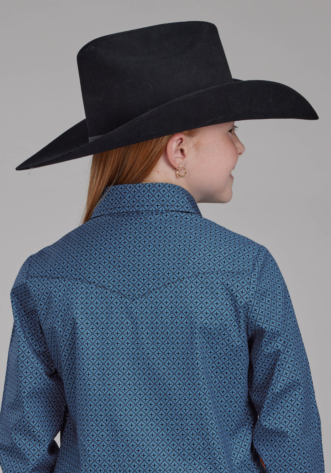 GIRLS STRETCH POPLIN - BLUE DIAMOND PRINT LONG SLEEVE SNAP WESTERN SHIRT