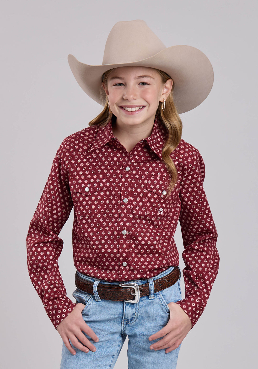 GIRLS ROPER RED STRETCH FOULARD LONG SLEEVE SHIRT