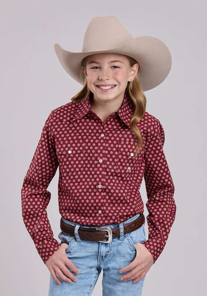 GIRLS ROPER RED STRETCH FOULARD LONG SLEEVE SHIRT