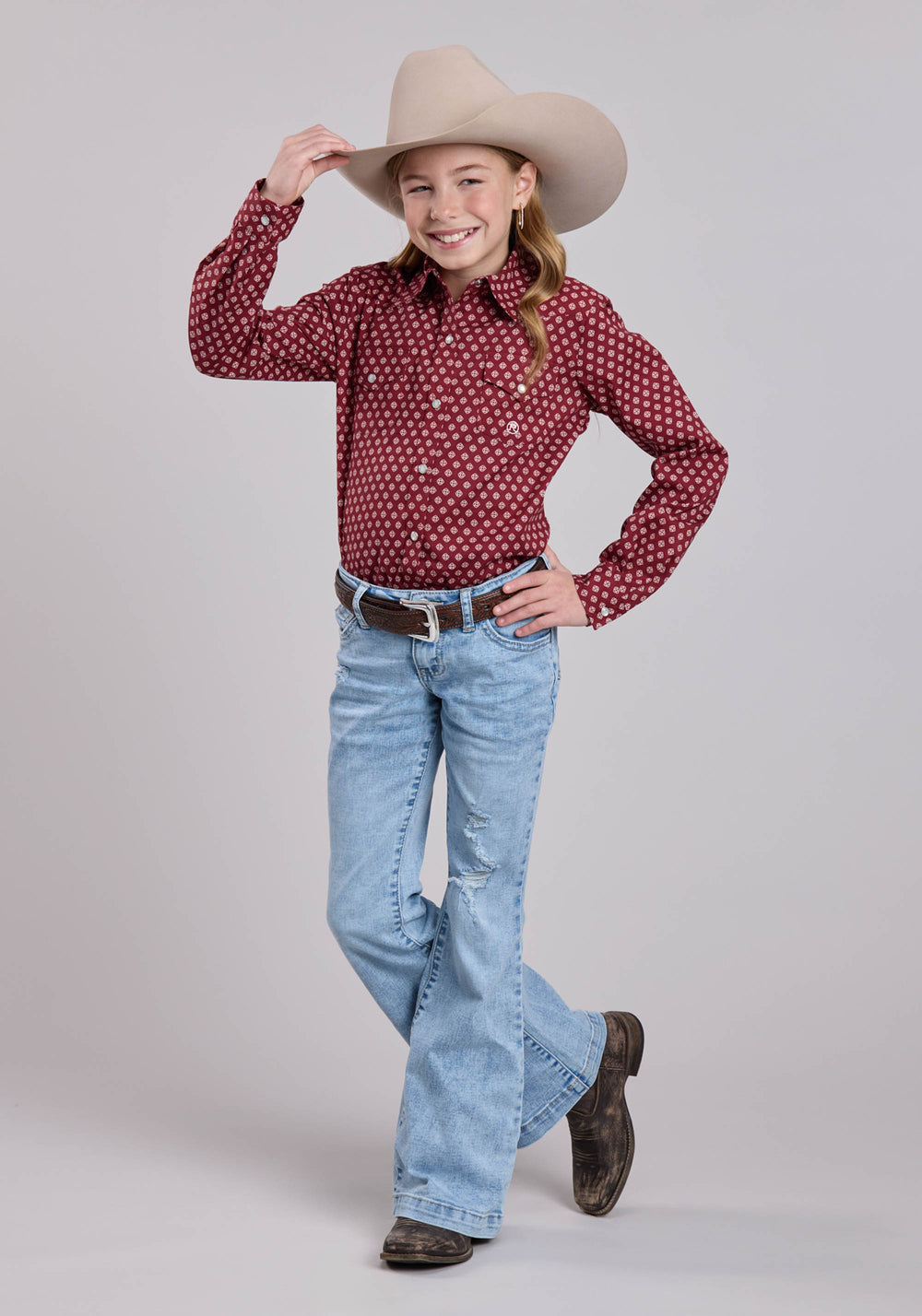 GIRLS ROPER RED STRETCH FOULARD LONG SLEEVE SHIRT