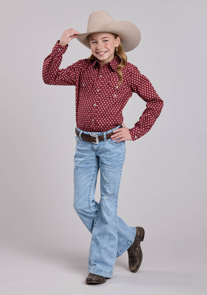 GIRLS ROPER RED STRETCH FOULARD LONG SLEEVE SHIRT