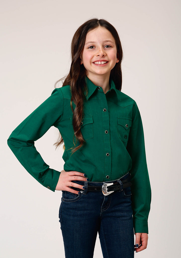 GIRLS LONG SLEEVE SNAP BLACK FILL SOLID GREEN WESTERN SHIRT