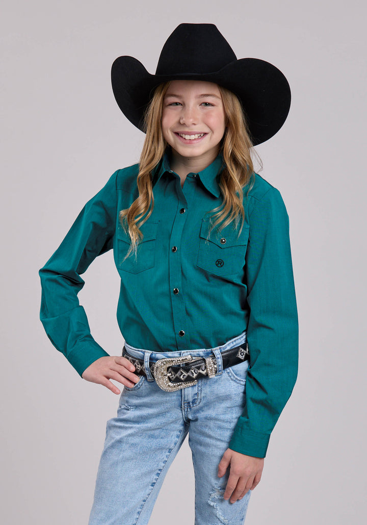 GIRLS ROPER SOLID BLACK FILL TEAL LONG SLEEVE SHIRT